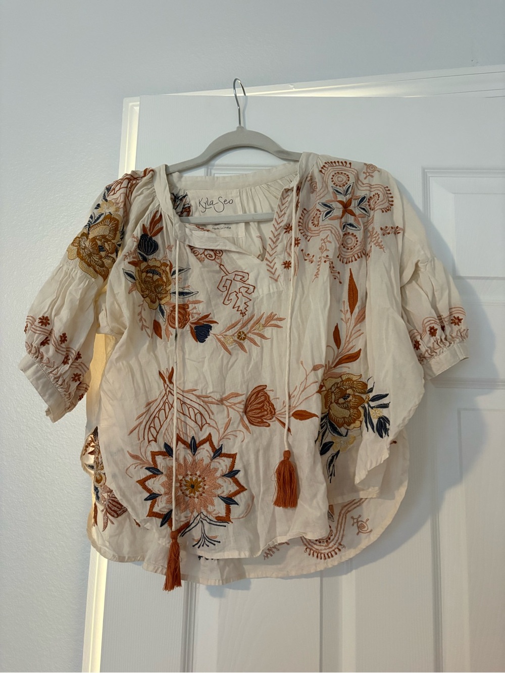 Kyla Seo Embroidered Cream Peasant Top with Rust Floral Accents